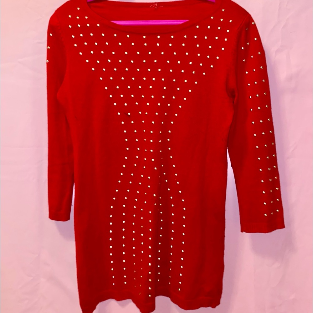 Red Long-sleeve Gold Studded Sweater Top Cozy Holiday Hourglass Medium Large